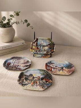 Set of 4 Vintage Paris Scene Metal Trays – Montmartre, Seine & City Views